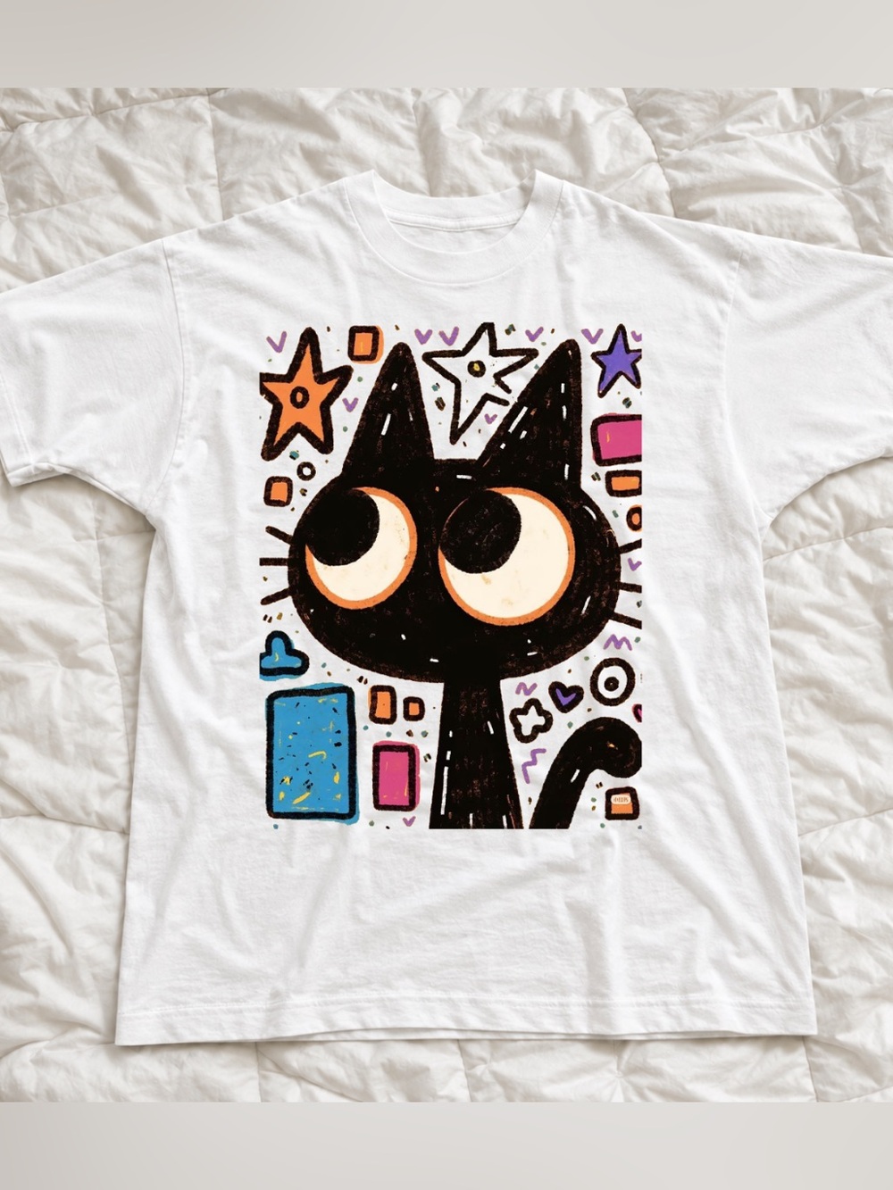 White Cute Cat Graphic Tee with Black Cartoon Cat Design